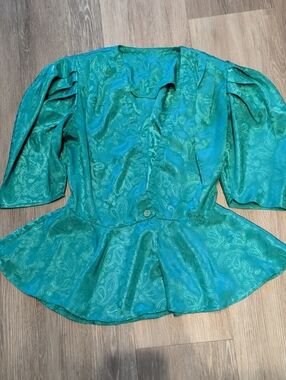 VTG 80s Teal Jacquard Paisley Peplum Blouse Puff Sleeve Shoulder Pads Med/Small